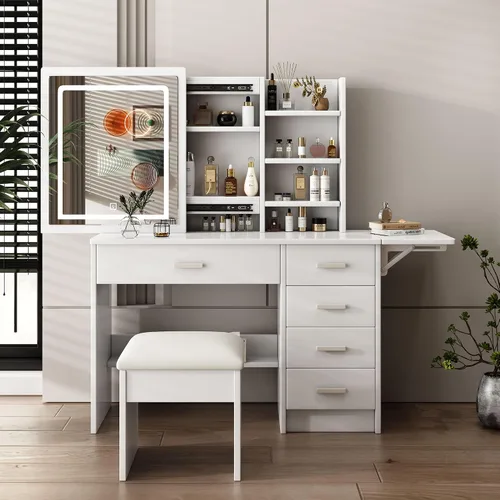 Miniatura 14 de Runboll - Tocador con espejo LED y luces, mesa de maquillaje con taburete acolchado, juego de tocador con 4 cajones, 3 estantes para dormitorio