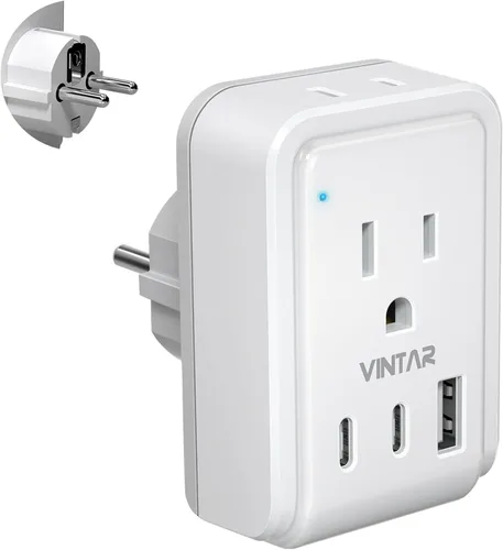 Miniatura 8 de VINTAR - Paquete de 1 adaptador de enchufe de viaje europeo, enchufe de alimentación internacional plegable con 2 salidas de CA, 3 puertos USB
