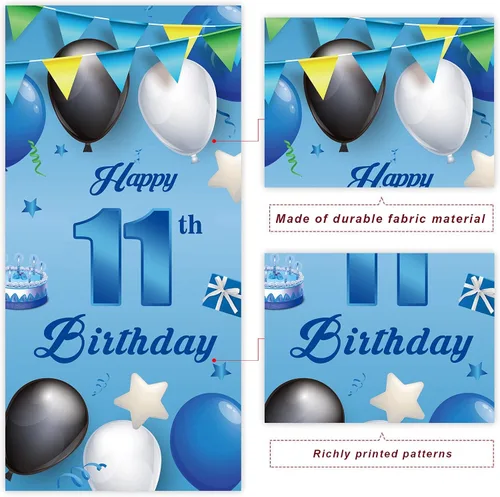 Miniatura 3 de Cartel azul de feliz cumpleaños número 11, globos de fondo de estrellas, confeti y saludos a los 11 años, decoración temática de puerta, porche