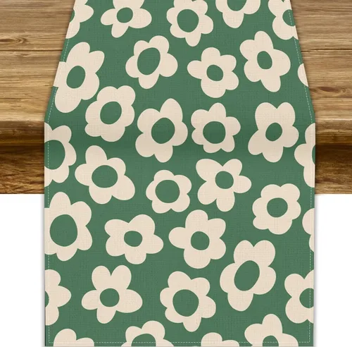 Camino de mesa bohemio de los años 70, abstracto, retro, verde salvia, margarita, moderno, beige, estampado geométrico, para decoración de