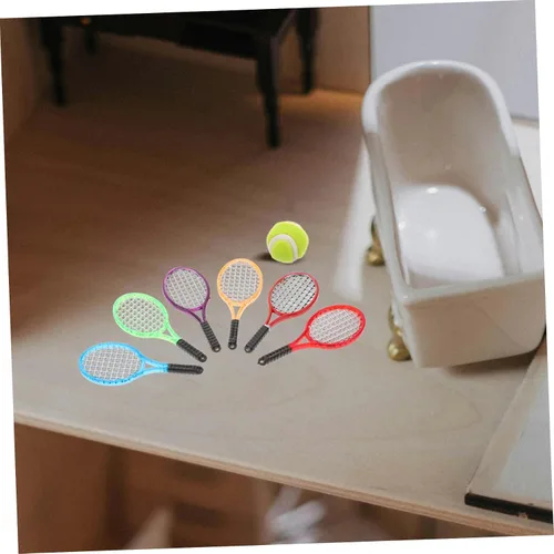 Miniatura 4 de SUPVOX Juego de tenis en miniatura de 6 piezas, accesorios deportivos para casa de muñecas a escala 1:12, con raquetas y bolas, juguete realista