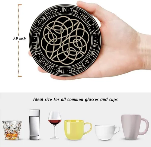 Miniatura 2 de HUXJOKO Juego de 6 posavasos para bebidas, posavasos de cerámica absorbente mágica vikinga negra, alfombrilla redonda de piedra, con base de corcho