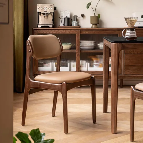 YESWOOD Silla de comedor de madera de nogal negro, sillas de cocina de cuero modernas con patas de madera, silla lateral tapizada con respaldo
