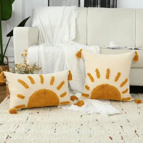 Miniatura 6 de Fundas de almohada bohemias de 18 x 18 pulgadas, fundas de almohada decorativas de sol con borlas, funda de almohada moderna marroquí para sofá