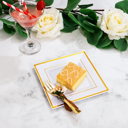 Miniatura 7 de RDF oro placas plásticas con tenedores de plástico-6 "100 platos de postre cuadrados disponibles con borde de oro y 100 tenedores de postre oro