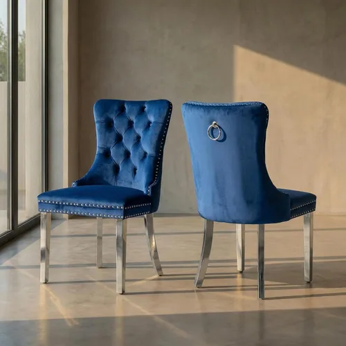 Miniatura 8 de Juego de 2 sillas de comedor de terciopelo, sillas de comedor copetudas de mediados de siglo con anillo trasero de cabeza de clavo, patas de metal