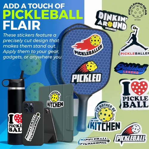 Miniatura 3 de Juego de calcomanías de pickleball – 9 divertidas calcomanías de vinilo + 10 pulseras de primer servidor – Accesorios de pickleball y regalos