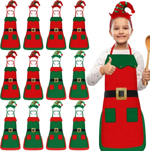 Miniatura 8 de Toulite Juego de 24 piezas de delantal de elfo de Navidad y diadema para niños, delantales de elfo con gorro para niños, suministros de cosplay