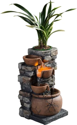 Miniatura 4 de Fuente interior de 4 tazones Rockery con sonido calmante para decoración del hogar y la oficina con una pequeña maceta de plástico para cultivar
