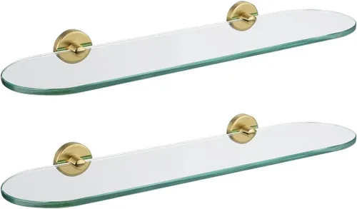Miniatura 22 de JQK Estante de vidrio para baño dorado, almacenamiento de ducha de vidrio templado de 20 por 5 pulgadas, montaje de pared dorado cepillado de acero