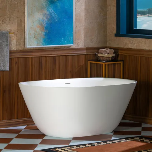 Miniatura 5 de WOODBRIDGE Bañera independiente de 55 pulgadas x 31.5 pulgadas de resina de piedra de lujo y superficie sólida contemporánea en blanco mate