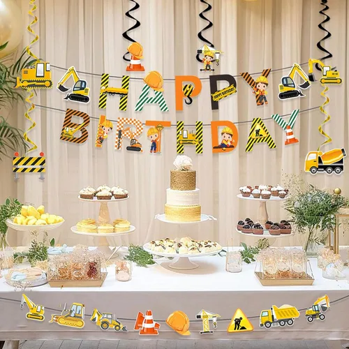 Miniatura 3 de Suministros para fiestas de cumpleaños de construcción, carteles de feliz cumpleaños, guirnalda de vehículos, camiones, 6 unidades, excavadora