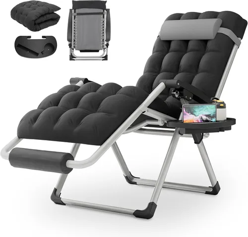 Miniatura 19 de MoNiBloom Silla reforzada de gravedad cero, tumbona plegable para piscina y playa, tumbona de bronceado portátil con cojín, reposacabezas y bandeja