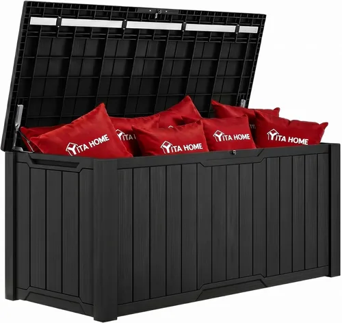 Miniatura 22 de YITAHOME Caja grande de cubierta de 120 galones con parte delantera en forma de X, cajas de almacenamiento de resina para exteriores, banco de Topo