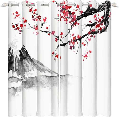 Miniatura 75 de Cortinas japonesas con pintura de tinta, monte Fuji, sol rojo, puesta de sol, hojas de bambú, cortinas de ventana para dormitorio, sala de estar