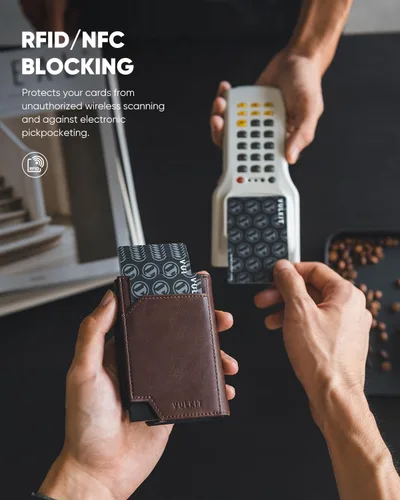 Miniatura 4 de VULKIT Tarjetero de crédito con bolsillo para monedas, cierre magnético, cartera para tarjetas emergente, bloqueo RFID, funda de piel minimalista