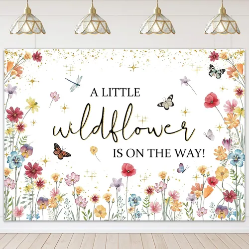 Miniatura 7 de Avezano Decoraciones de flores silvestres para baby shower, con texto en inglés "A Little Wildflower is On The Way", telón de fondo para baby