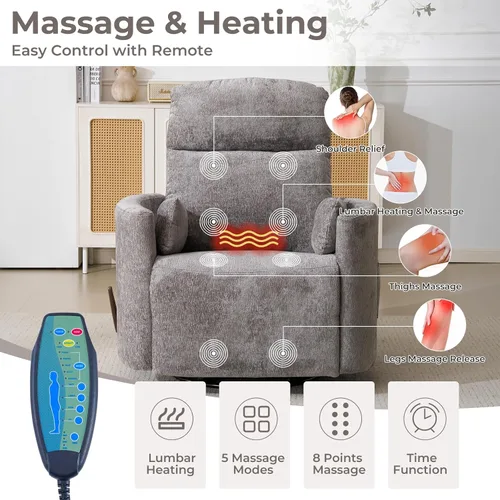 Miniatura 3 de Sillón reclinable mecedor giratorio de gran tamaño con masaje y calor, sillón reclinable giratorio para guardería con reposacabezas ajustable, silla