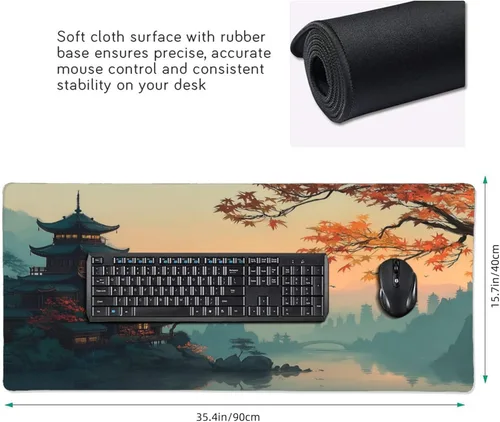 Miniatura 3 de Alfombrilla de mouse grande con diseño japonés de paisaje de edificios antiguos, alfombrilla de teclado para juegos extendida XXL, base de goma