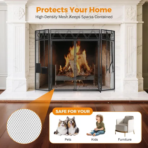 Miniatura 6 de BEAMNOVA - Pantalla para chimenea de 50.2 x 34.3 pulgadas, color negro, con puertas y herramientas, protector contra chispas de 3 paneles, plegable