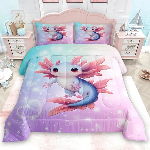 Miniatura 21 de jejeloiu Juego de edredón de dibujos animados para niños, tamaño individual, estampado de gatos, juego de ropa de cama con patrón de hojas, edredón