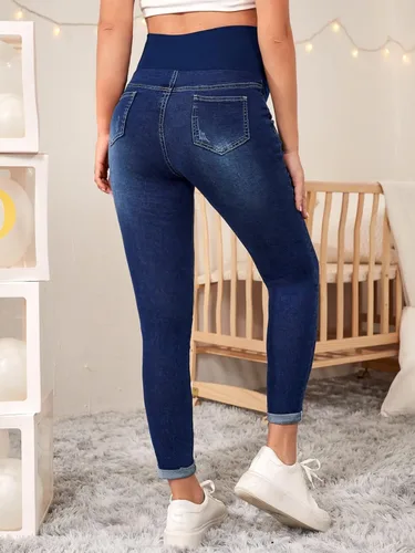 Miniatura 2 de Floerns Pantalones de mezclilla de maternidad de cintura alta con dobladillo rasgado, con bolsillo para mujer