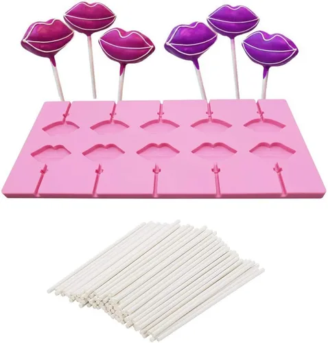 Molde de piruleta de labios rojos con 10 cavidades con 20 palitos para labios sexys, de silicona, chocolate, caramelo duro, para fondant