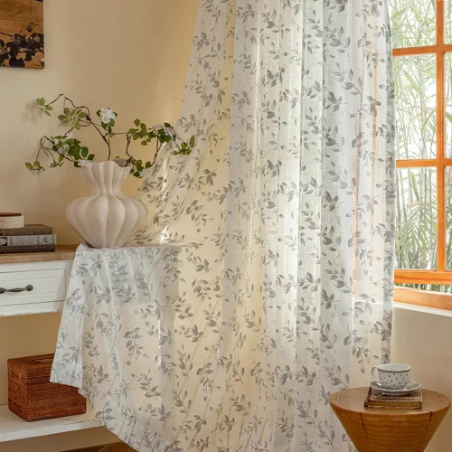 Miniatura 25 de BHUSB Cortinas rústicas para sala de estar de 63 pulgadas de largo, cortinas de ventana de lino y algodón con estampado floral bohemio, cortinas