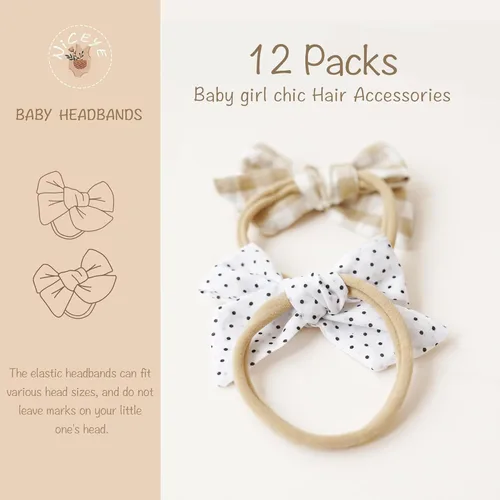 Miniatura 2 de Niceye Accesorios para el cabello hechos a mano: 12 paquetes de diademas elásticas de nailon y moños para recién nacidos, bebés y niñas pequeñas