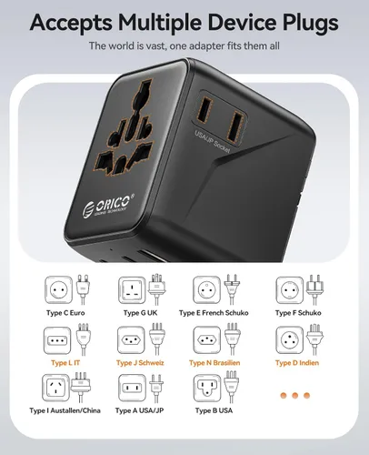 Miniatura 5 de ORICO Adaptador de viaje universal con 2 CA 2 USB-C y 1 conector USB-A, adaptador de corriente internacional PD 20W, cargador de pared esencial