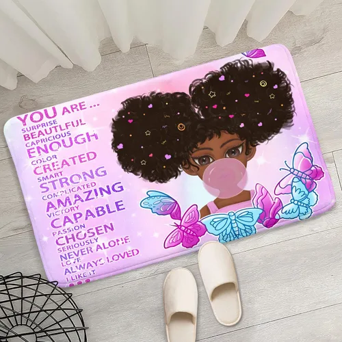 Miniatura 39 de Alfombra de área para dormitorio de niñas negras africanas, alfombra para sala de estar, sala de juegos, azul, lindo anime de dibujos animados