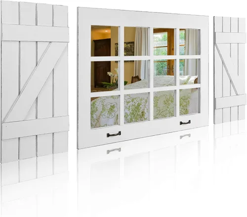 Miniatura 7 de Espejo decorativo grande para ventana, espejos de granja resistentes para decoración de pared con 12 espejos de vidrio real y dos persianas rústicas