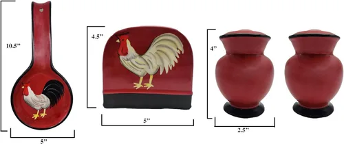 Miniatura 3 de ACK Ceramic Tuscany Roamer Rooster - Juego de 4 estufas de cerámica pintadas a mano, coctelera y salera, servilletero y soporte para cuchara, Roamer