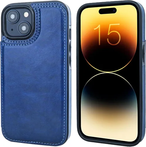 Miniatura 3 de ONETOP - Funda tipo cartera compatible con iPhone 15 con soporte para tarjetas, funda de piel sintética con ranuras para tarjetas, doble cierre Azul