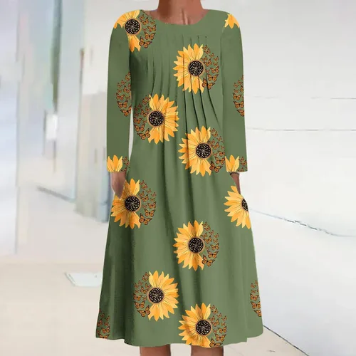 Miniatura 2 de Vestido de manga larga con cuello en V para mujer, con estampado a rayas, con botones, holgado, con bolsillos