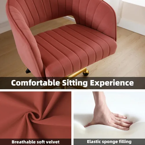 Miniatura 6 de Sillas de escritorio para oficina en casa Westice, silla de escritorio de terciopelo moderna, silla giratoria de tocador con base dorada ajustable