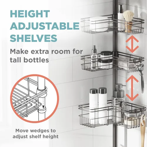 Miniatura 4 de Zenna Home Organizador de esquina con barra de tensión, organizador de ducha ajustable con 4 cestas en forma de L y ganchos, organizador de barra