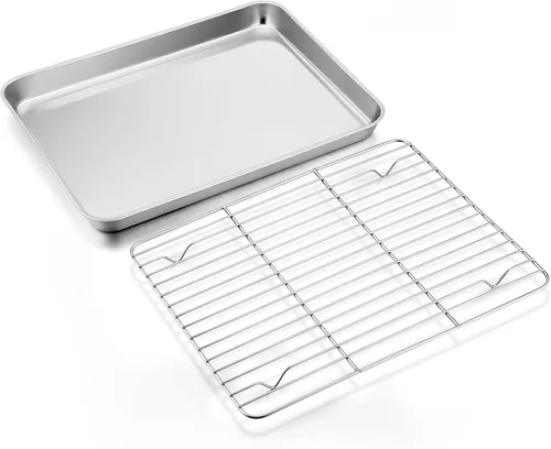Miniatura 12 de E-far Bandeja pequeña de metal para horno tostador con juego de estante, bandeja para hornear de 9.4 x 7.3 pulgadas con rejilla de enfriamiento