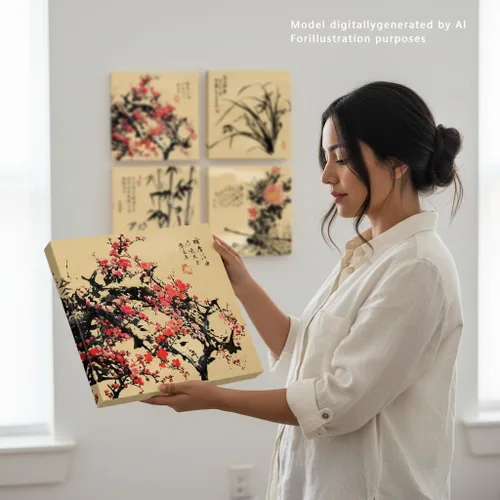 Miniatura 3 de JiazuGo Lienzo decorativo asiático oriental para pared, cuadros chinos para decoración estética de dormitorio, juego de 4 obras de arte estiradas