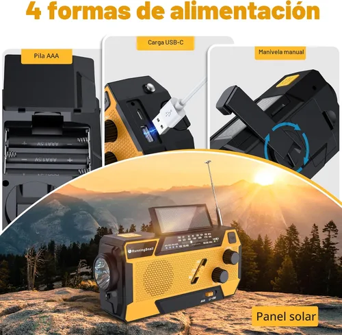 Miniatura 5 de Radio de emergencia con manivela meteorológica: Radio meteorológica AM/FM/NOAA con 3 cables incorporados - Radio manual con manivela de 2000mAh