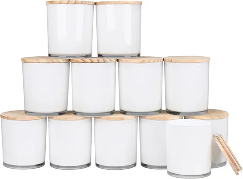 Miniatura 49 de SHOWIN Tarros de vela gruesos de 14 OZ para hacer velas 12 Piezas, tarros vacíos de 3 mechas con tapas de madera para hacer velas, recipiente