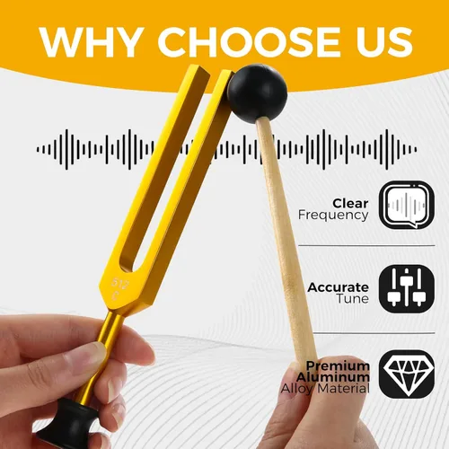 Miniatura 6 de Juego de diapasones 128Hz, 256Hz, 512Hz, instrumentos de sonido, diapasones Chakra con martillo, bolsa de almacenamiento y paño de limpieza, dorado
