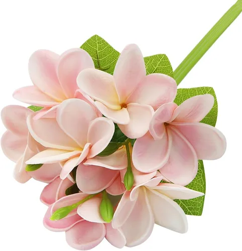 Miniatura 9 de 3 piezas de flores artificiales de plumeria con hojas, plumeria frangipani realistas en total 9 ramos de flores falsas y brotes para el hogar