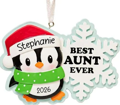 Adorno navideño personalizado de tía 2026 | Decoración personalizada de pingüino para árbol de Navidad | Regalo de recuerdo único para la tía tía #1