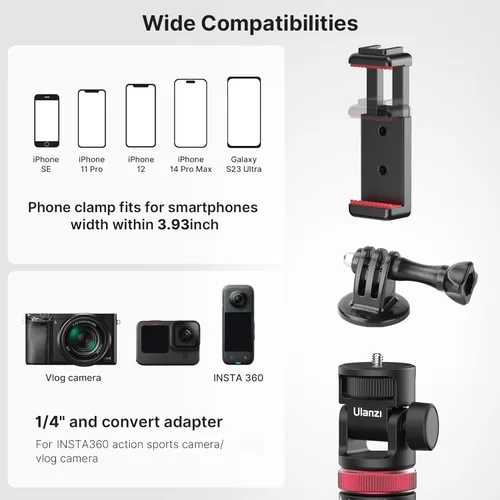 Miniatura 4 de ULANZI MT-71 Trípode extensible para selfie stick de 57.48 pulgadas con abrazadera para teléfono y zapata fría, poste de aluminio de 7 secciones