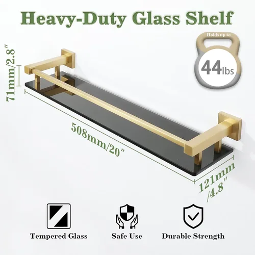 Miniatura 2 de Alise Estantes de baño, estante de vidrio dorado para baño, estantes flotantes modernos, 20 pulgadas Dorado y Negro
