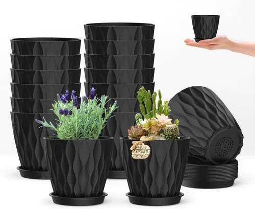 Miniatura 8 de Juego de 16 macetas de plástico de 4 pulgadas con bandeja, macetas resistentes para interior y exterior con 48 orificios de drenaje para hierbas