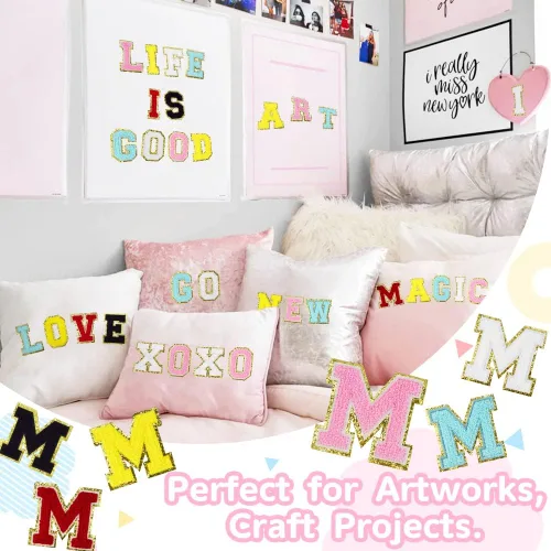 Miniatura 7 de Parches de felpilla de la letra M, apliques termoadhesivos con iniciales universitarias para chaquetas, mochilas, sombreros y bolsos, color rosa