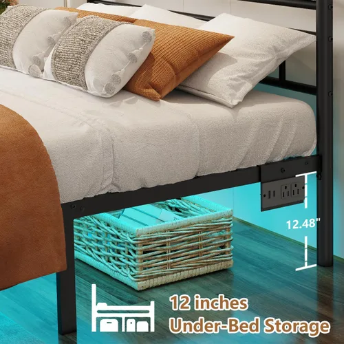 Miniatura 6 de Marcos de Cama Tamaño Twin con Estación de Carga, Marco de Cama de Plataforma de Metal Negro con Luces LED, Soporte de Listones de Acero Metal