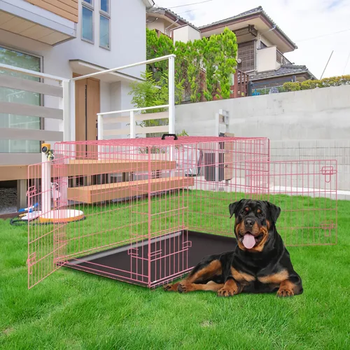 Miniatura 25 de PayLessHere - Jaula grande para perros y perrera para perros medianos y grandes, de metal, con doble puerta, plegable, para viajes, interior y Azul
